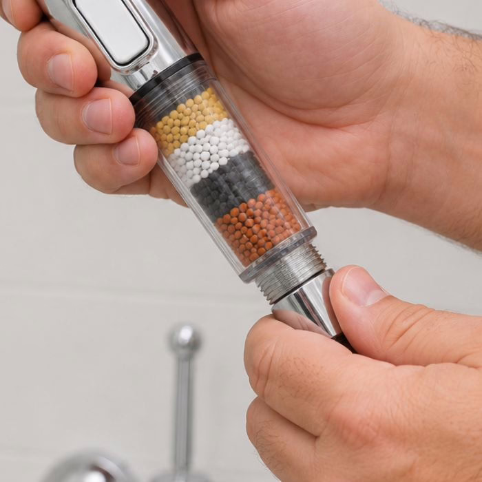 Vissage du pommeau filtrant AqualisPure sur le flexible