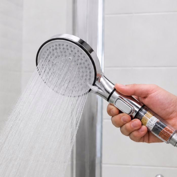 Premier rinçage du pommeau de douche filtrant